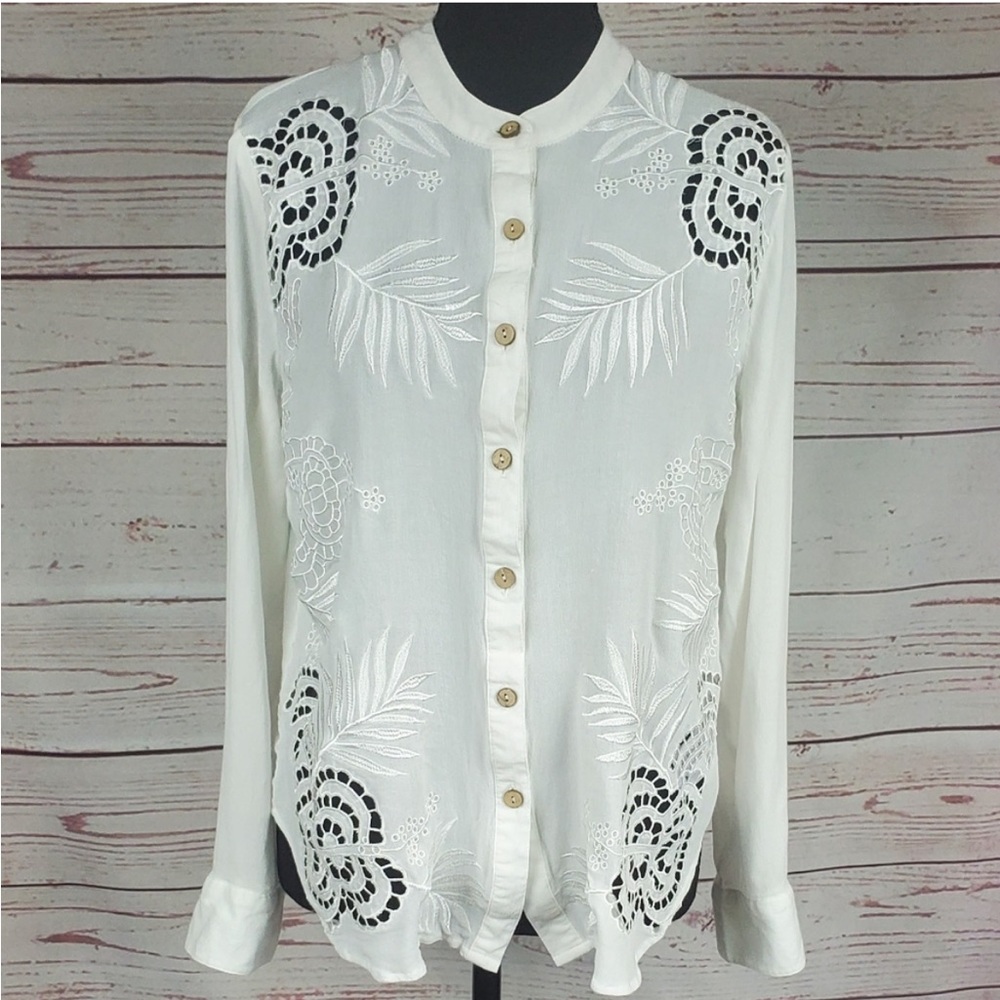 Miss Me Women’s Large White Button Down Long Sleeve Embroidered Blouse
